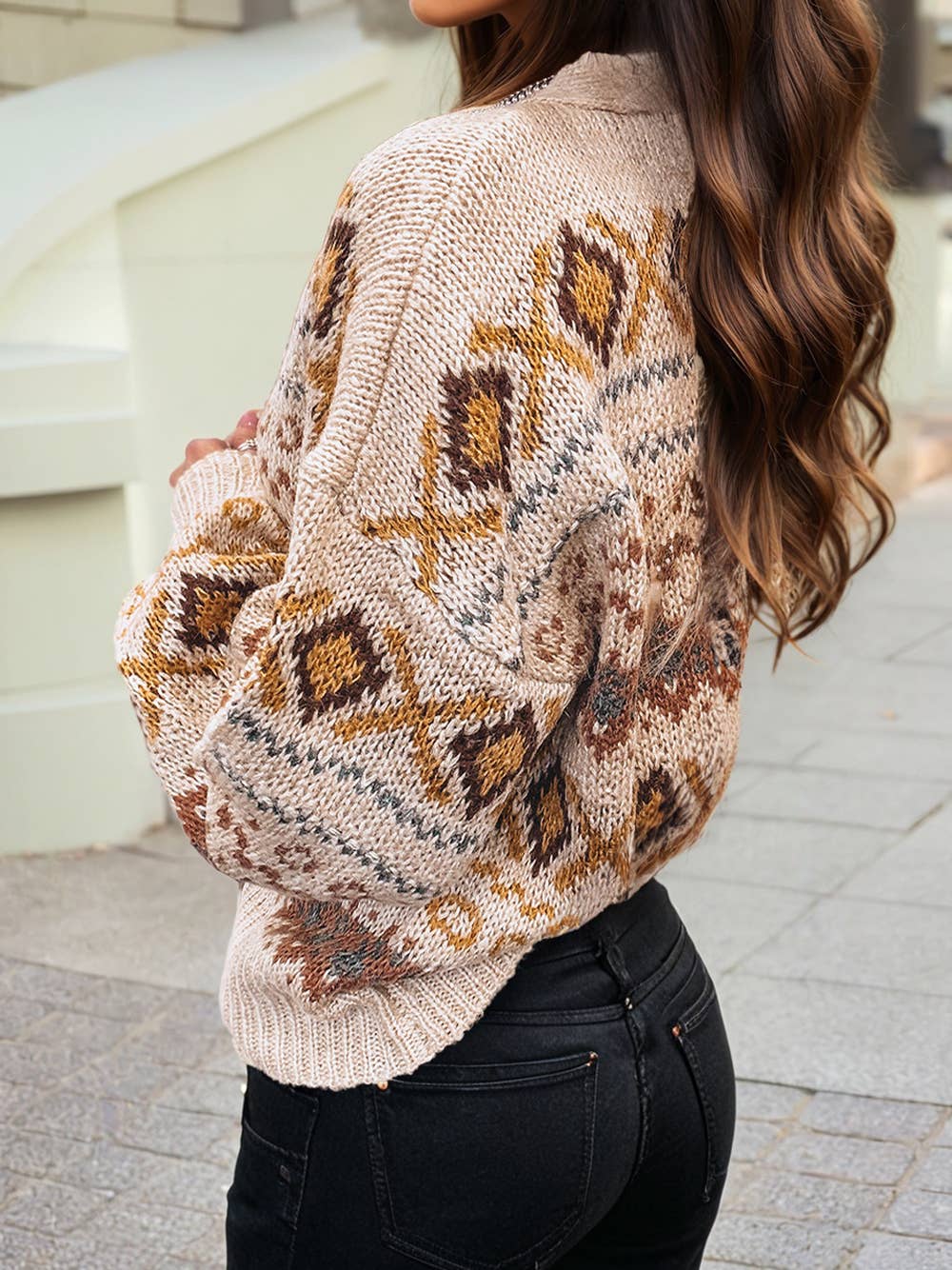 Western Pattern Knitted Button V Neck Sweater Cardigan