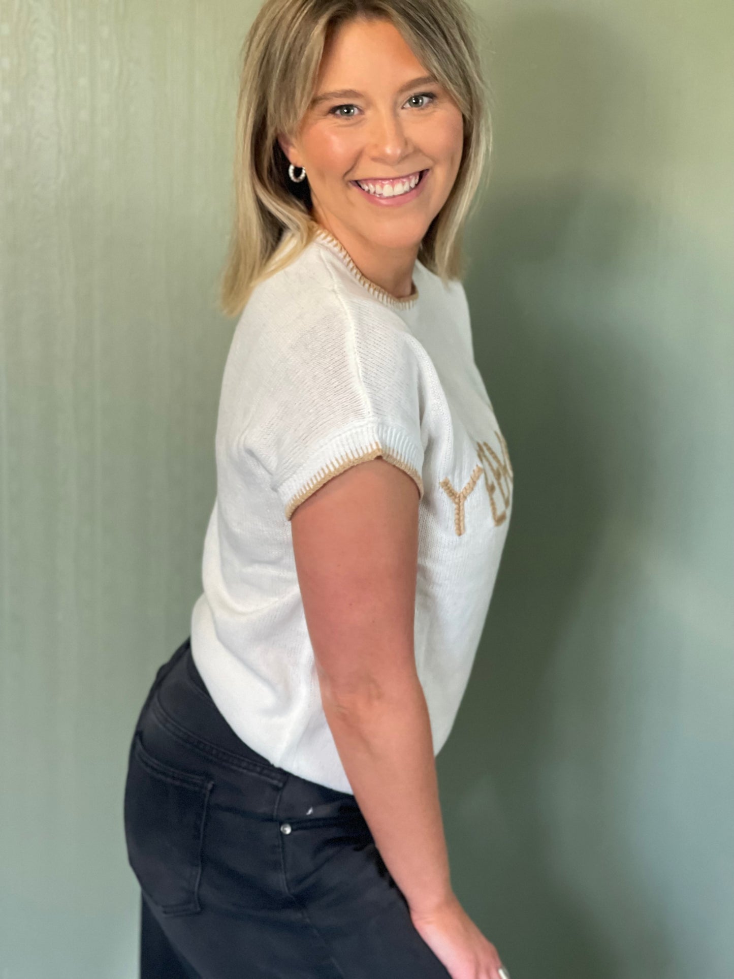 YEEHAW Stitch Edge Crew Neck Knit Top