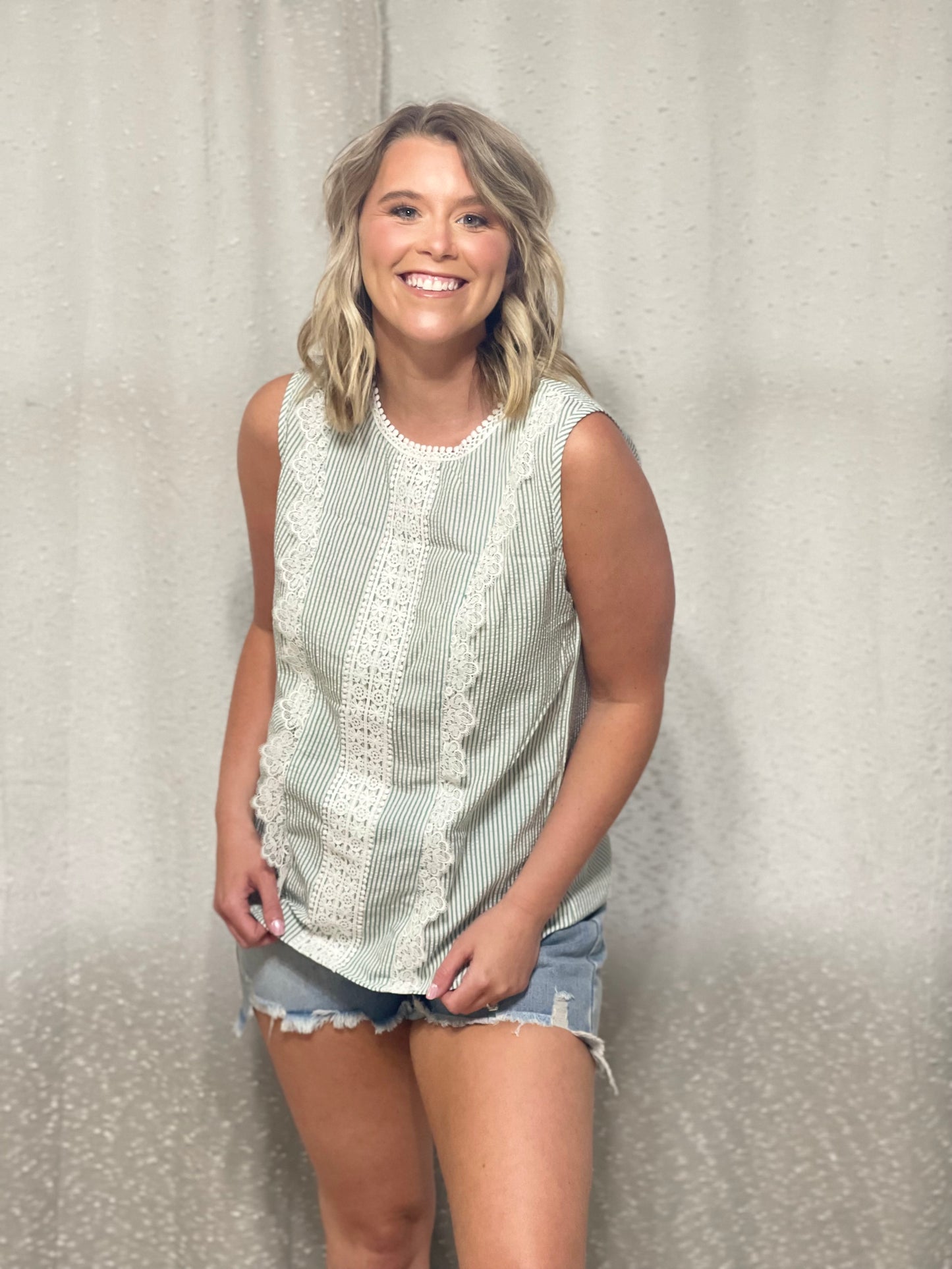 Striped Lace Trim Sleeveless Blouse