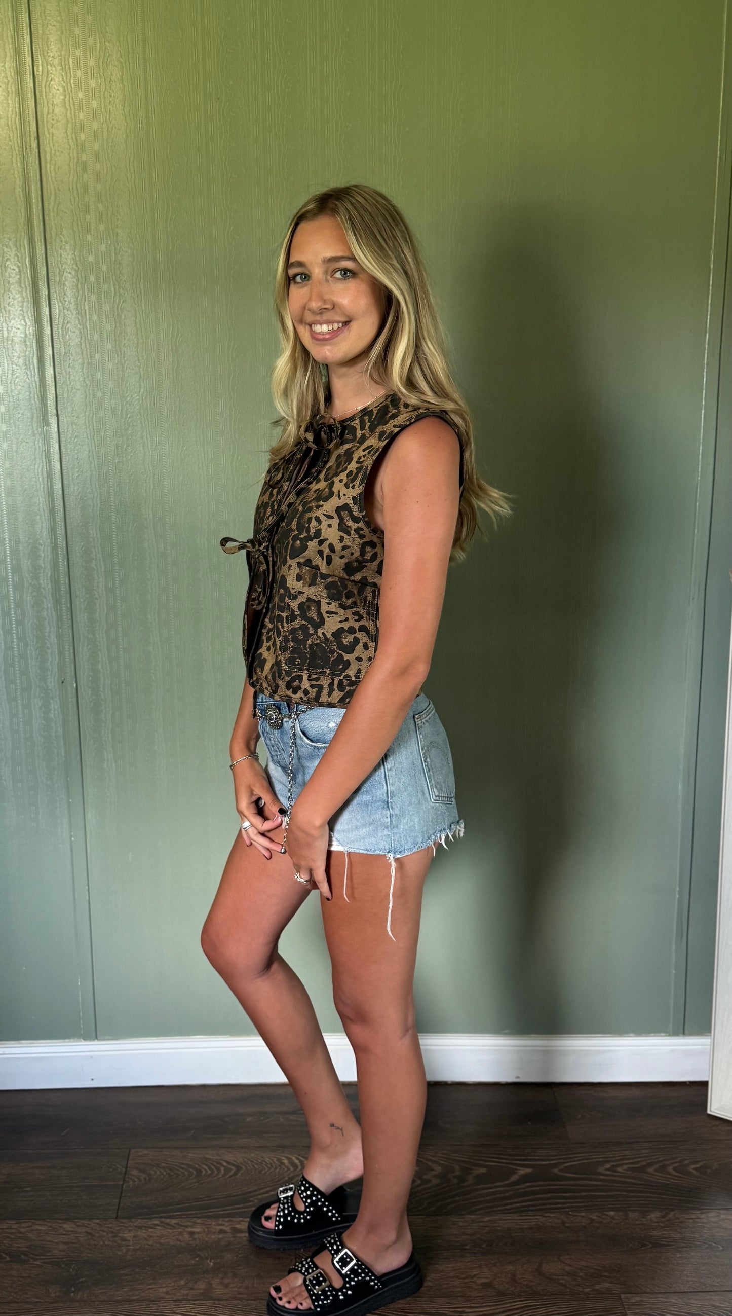 Leopard Print Sleeveless Denim Top