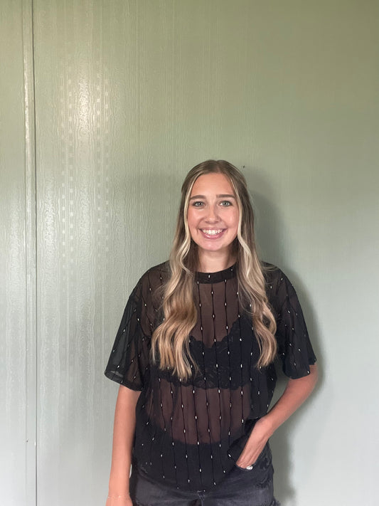 GeeGee Round Neck Drop Shoulder Mesh Glitter Top