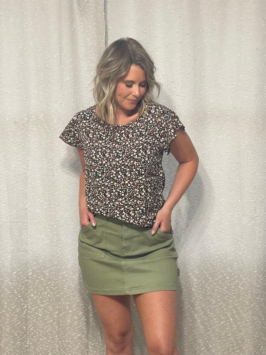 Ditsy Floral Round Neck Cap Sleeve Top