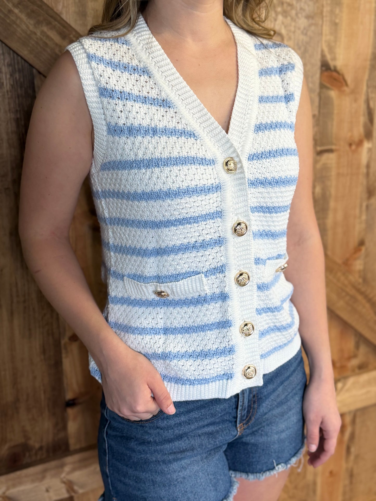 Stripe V Neck Gold Button Sweater Vest | S-XL
