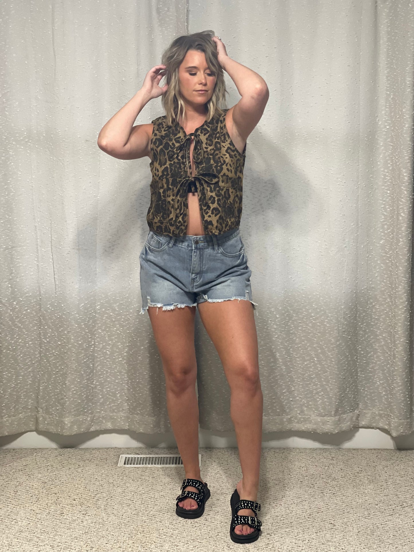 Leopard Print Sleeveless Denim Top