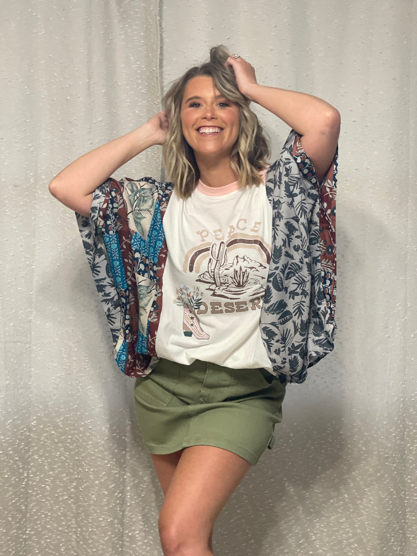 Peace Desert Graphic Asymmetric Printed Patchwork Sleeve Top