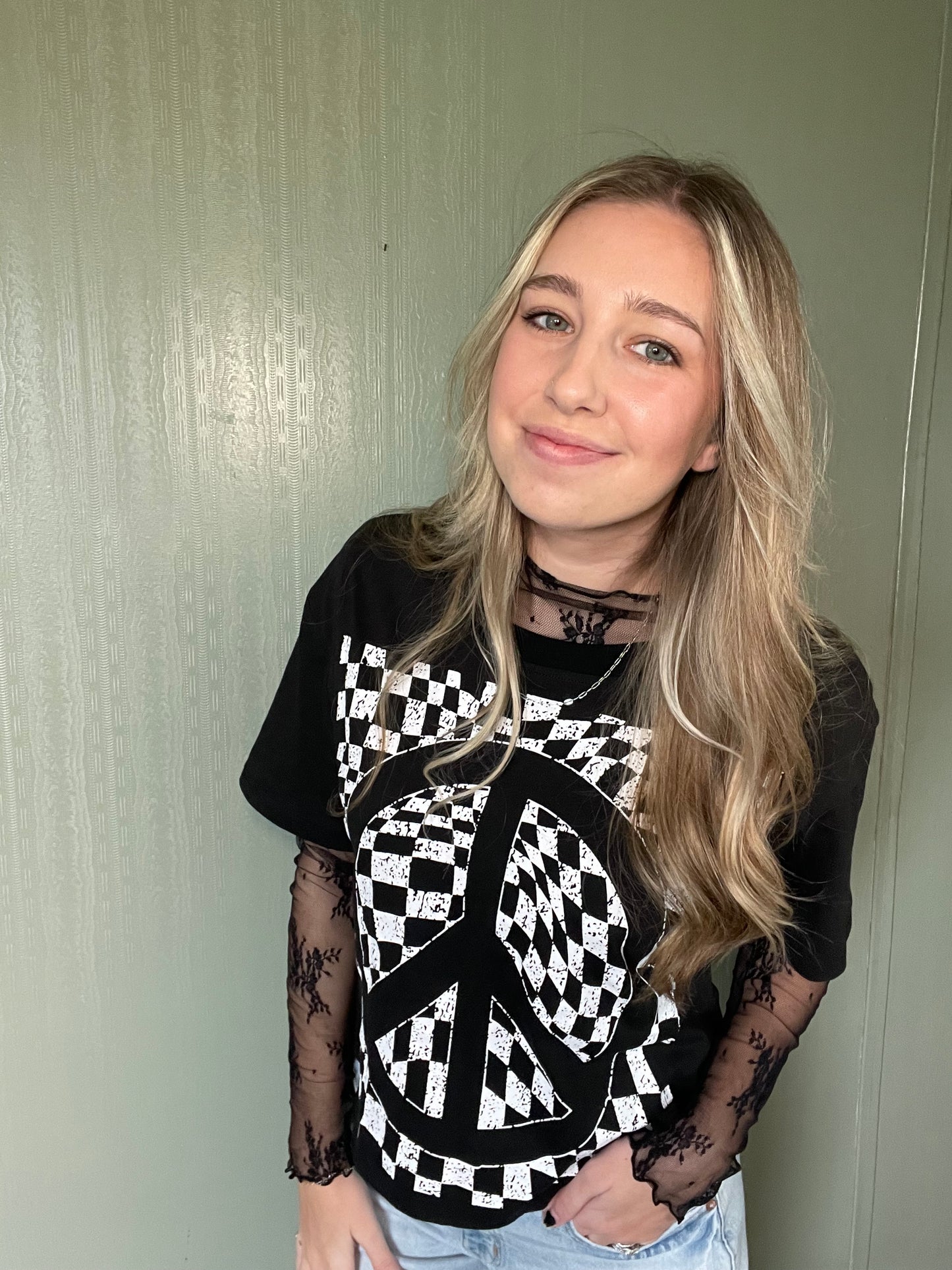 Checkered Peace Sign Round Neck T-Shirt