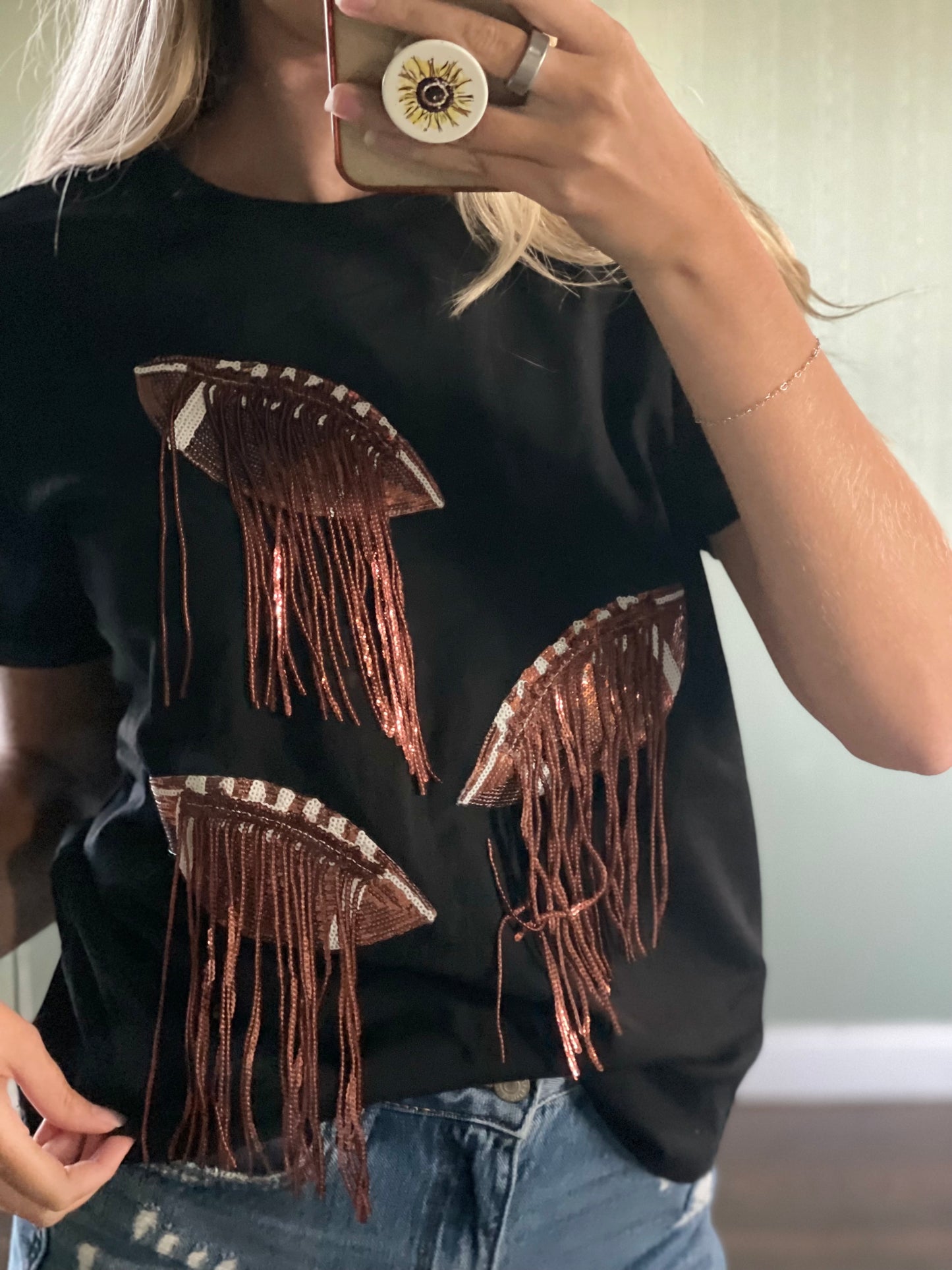 Sequin Football Round Neck Short Sleeve T-Shirt