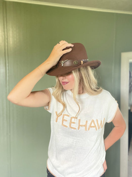YEEHAW Stitch Edge Crew Neck Knit Top