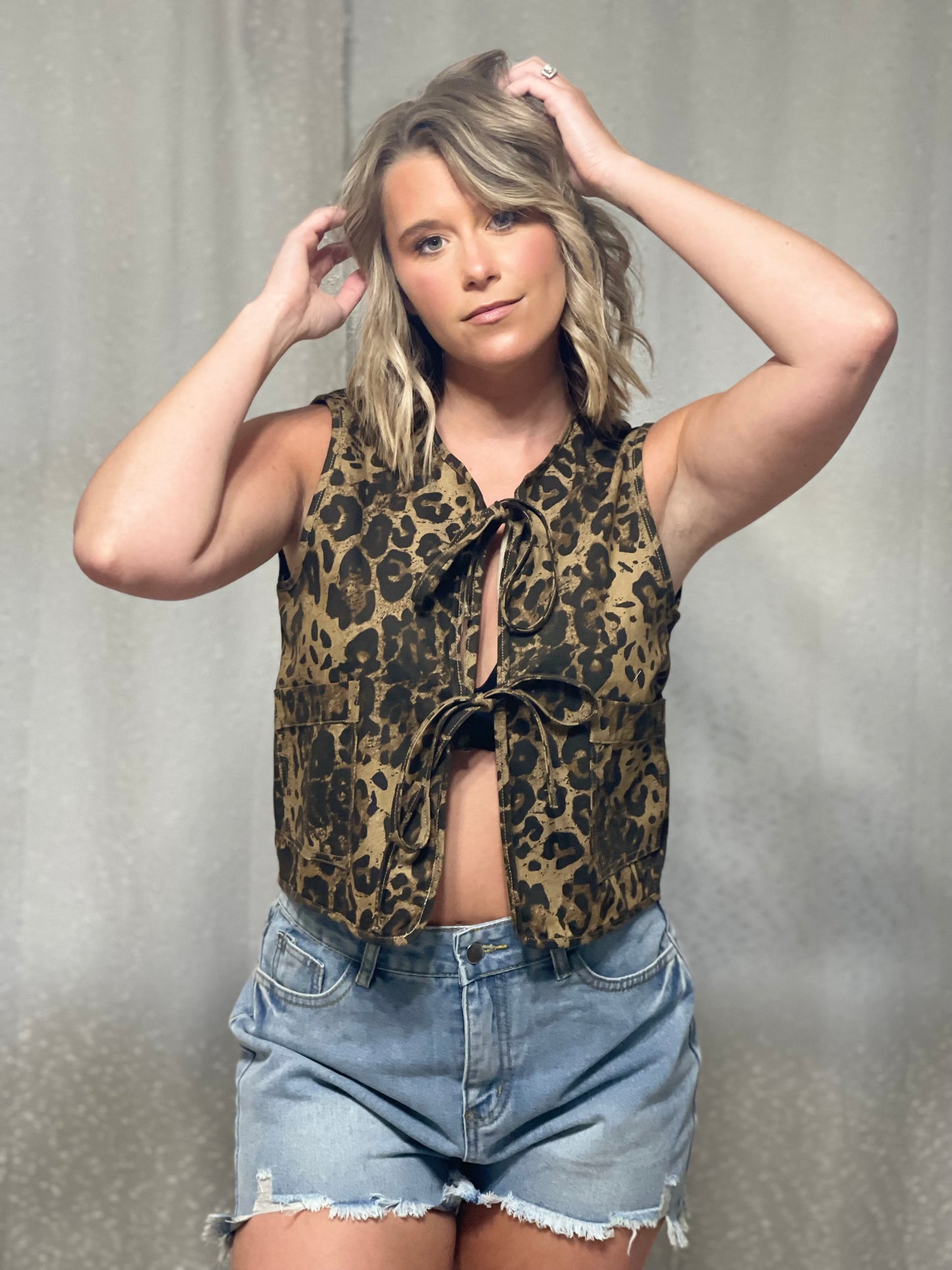 Leopard Print Sleeveless Denim Top