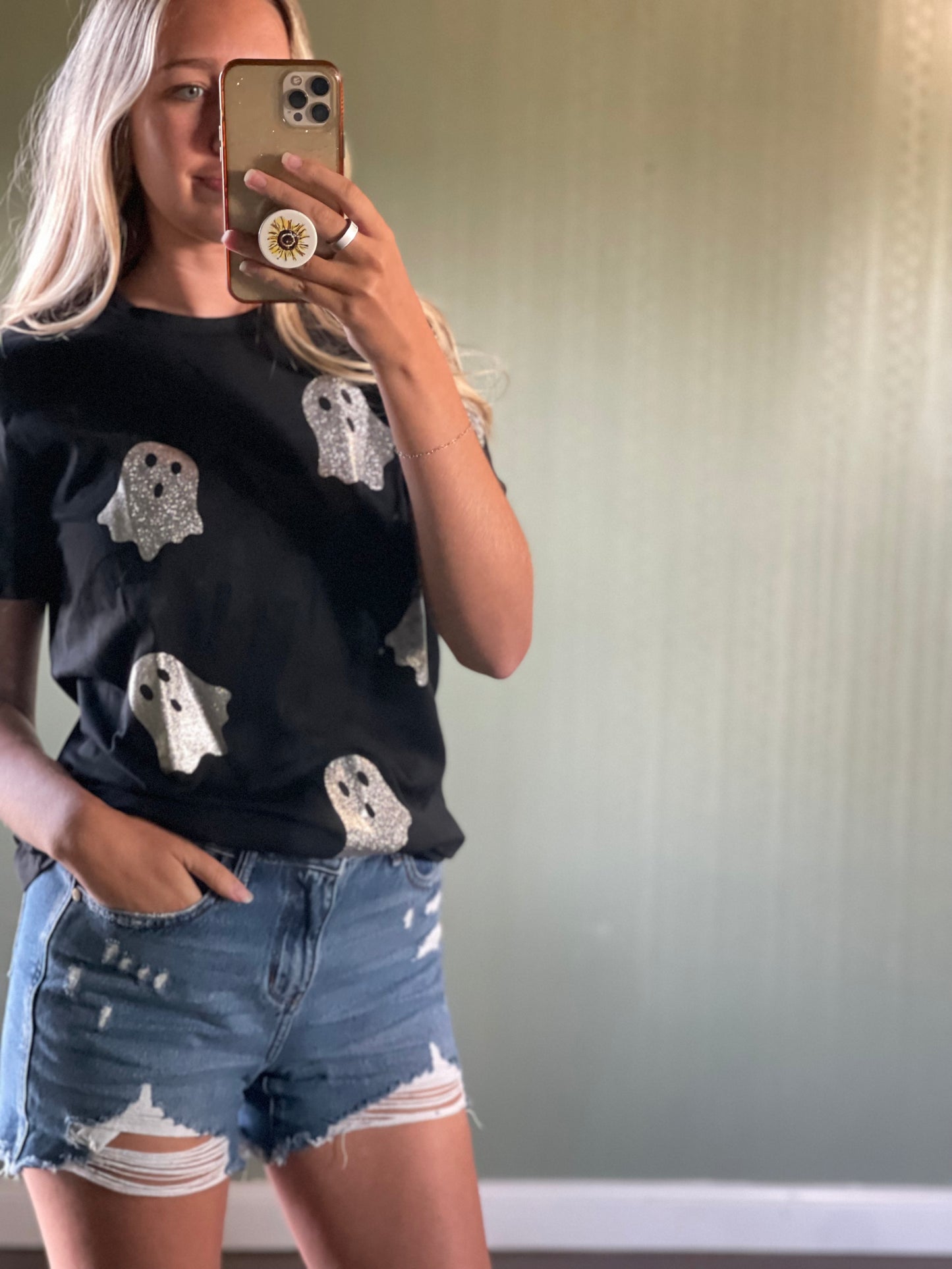 Glitter Ghost Round Neck Short Sleeve T-Shirt