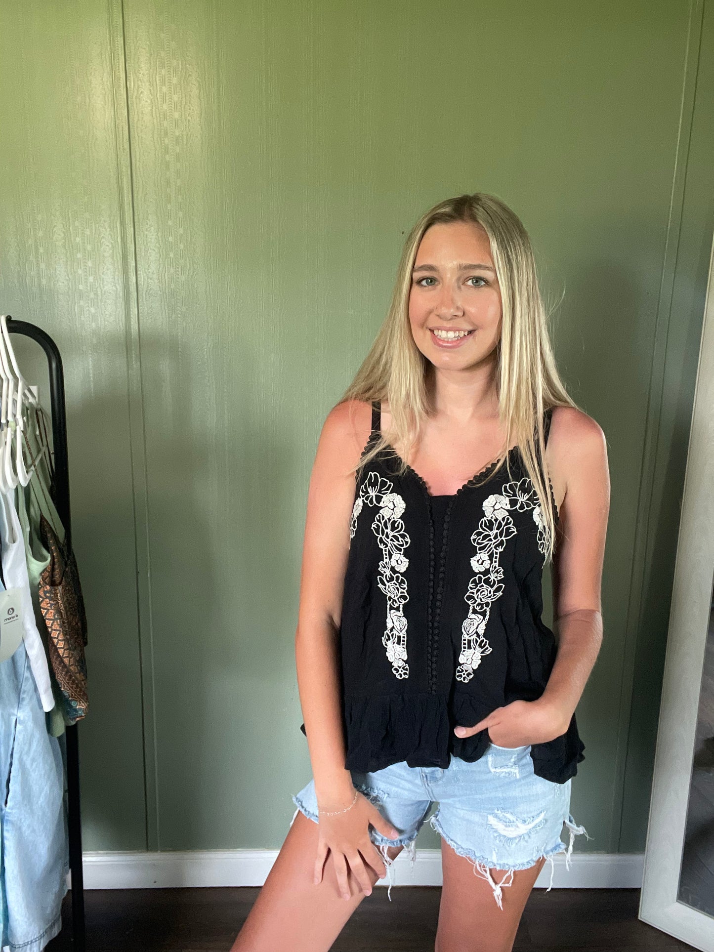 Floral Ruffled Hem Embroidery Cami