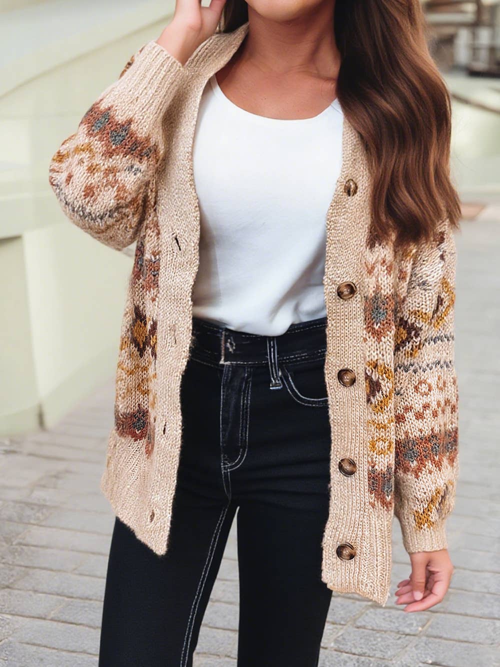 Western Pattern Knitted Button V Neck Sweater Cardigan