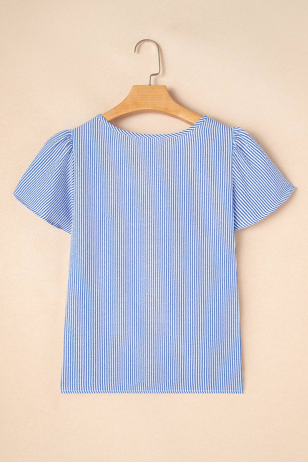 PRETTY BASH Stripe Crochet Neck Texture Ruffle Sleeve Blouse