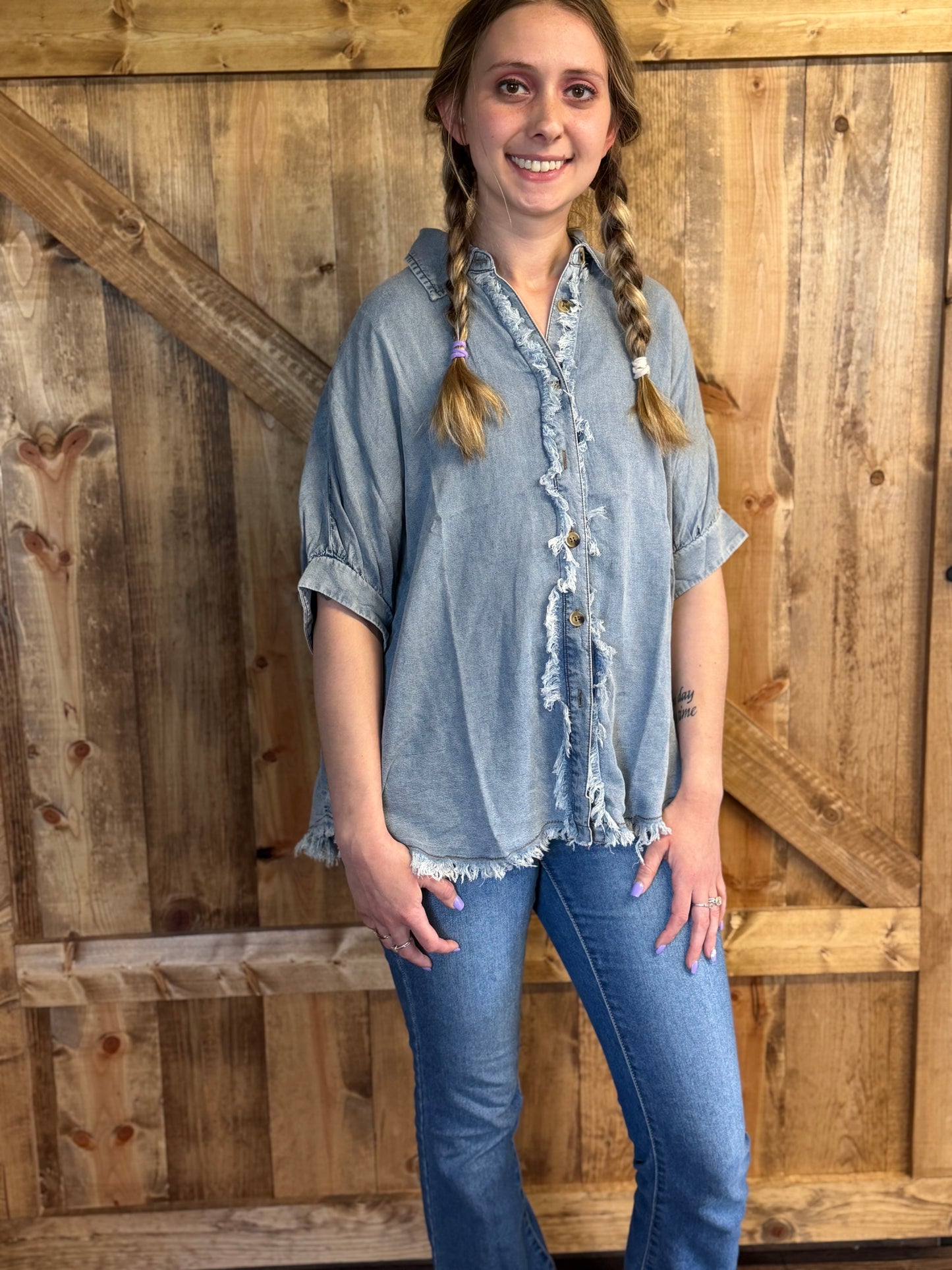 Frayed Trim Denim Button Top