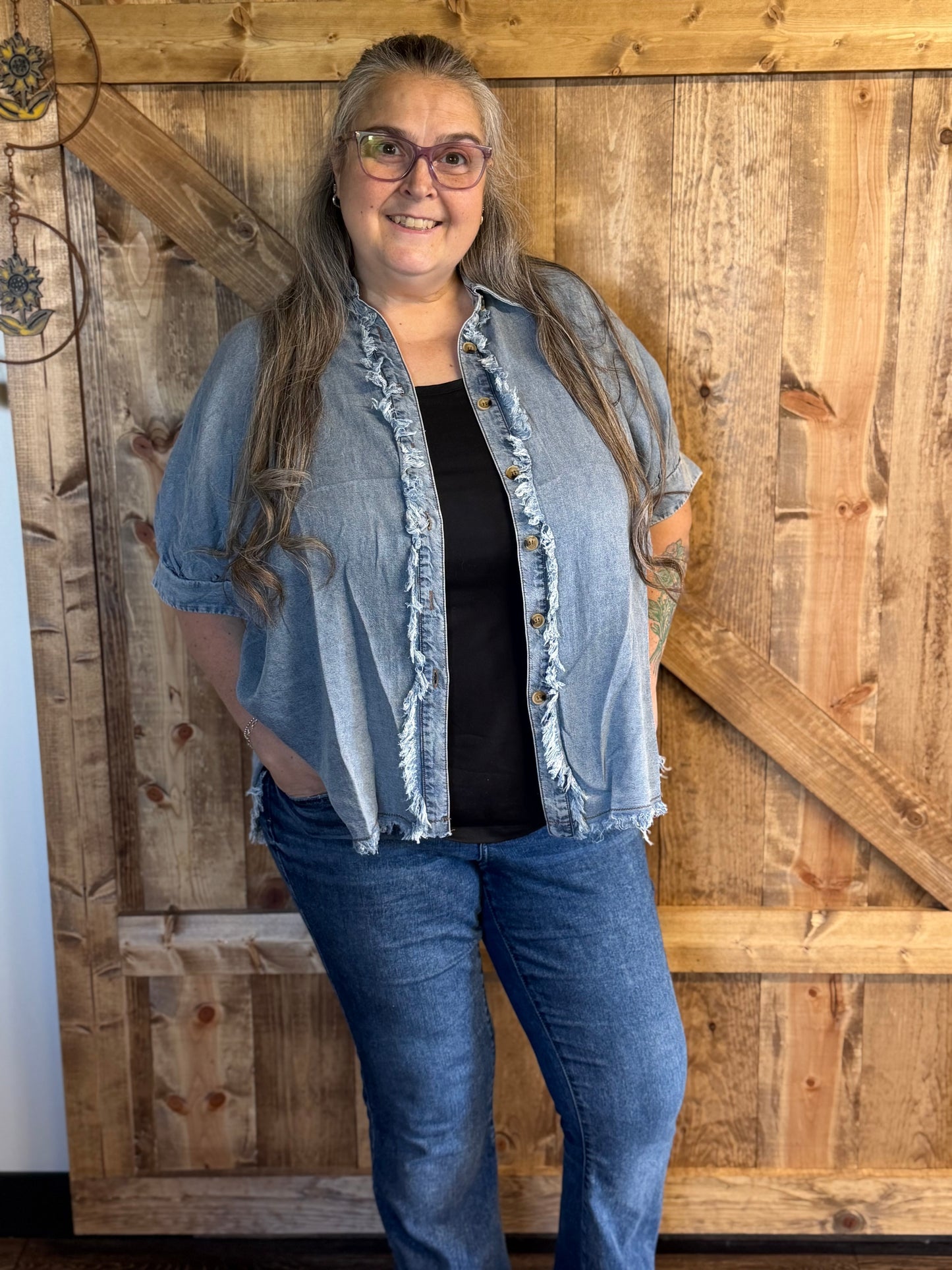Frayed Trim Denim Button Top
