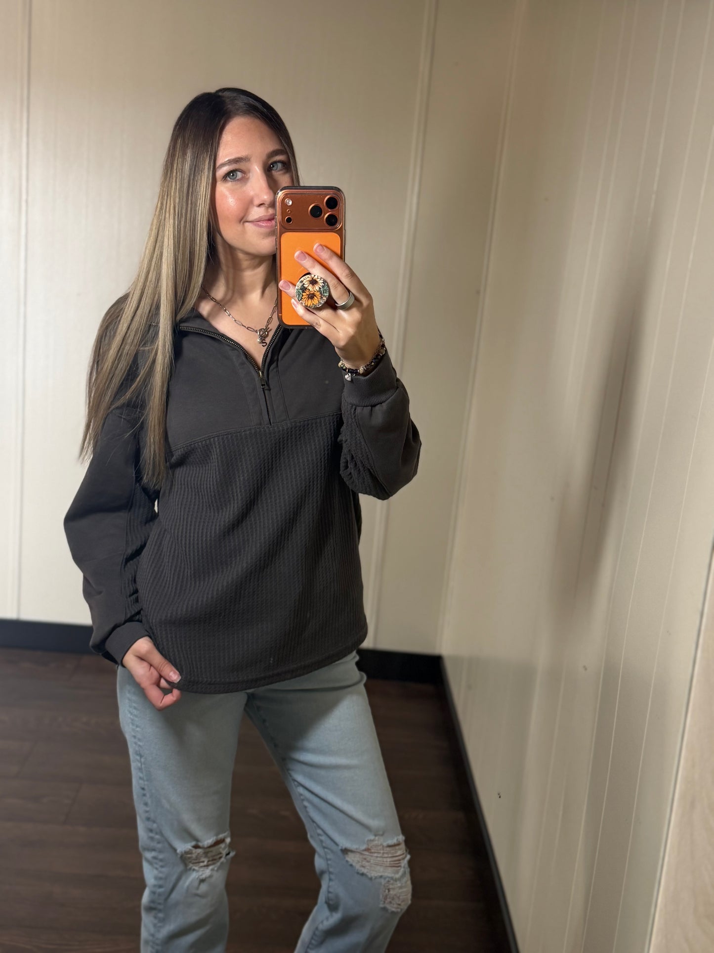 Waffle Knit Patchwork Half Zipped Casual Sweatshirt