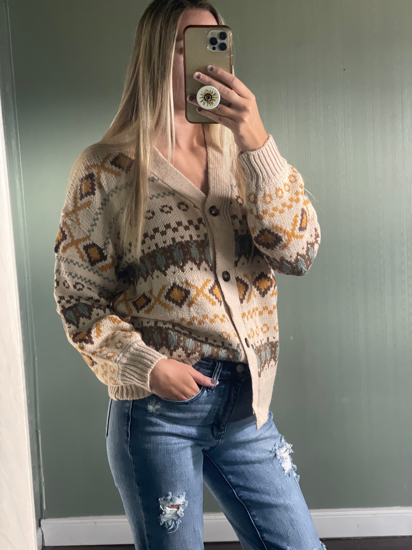 Western Pattern Knitted Button V Neck Sweater Cardigan