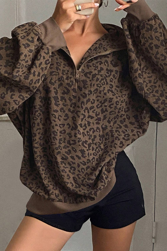 Western apparel Leopard Quarter Zip Corduroy Sweatshirt