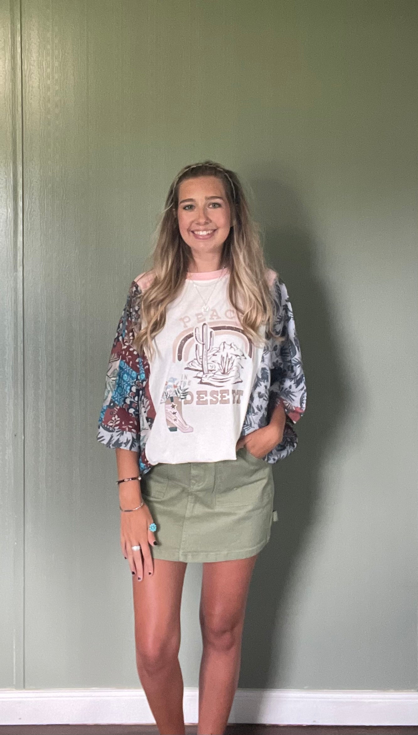 Peace Desert Graphic Asymmetric Printed Patchwork Sleeve Top