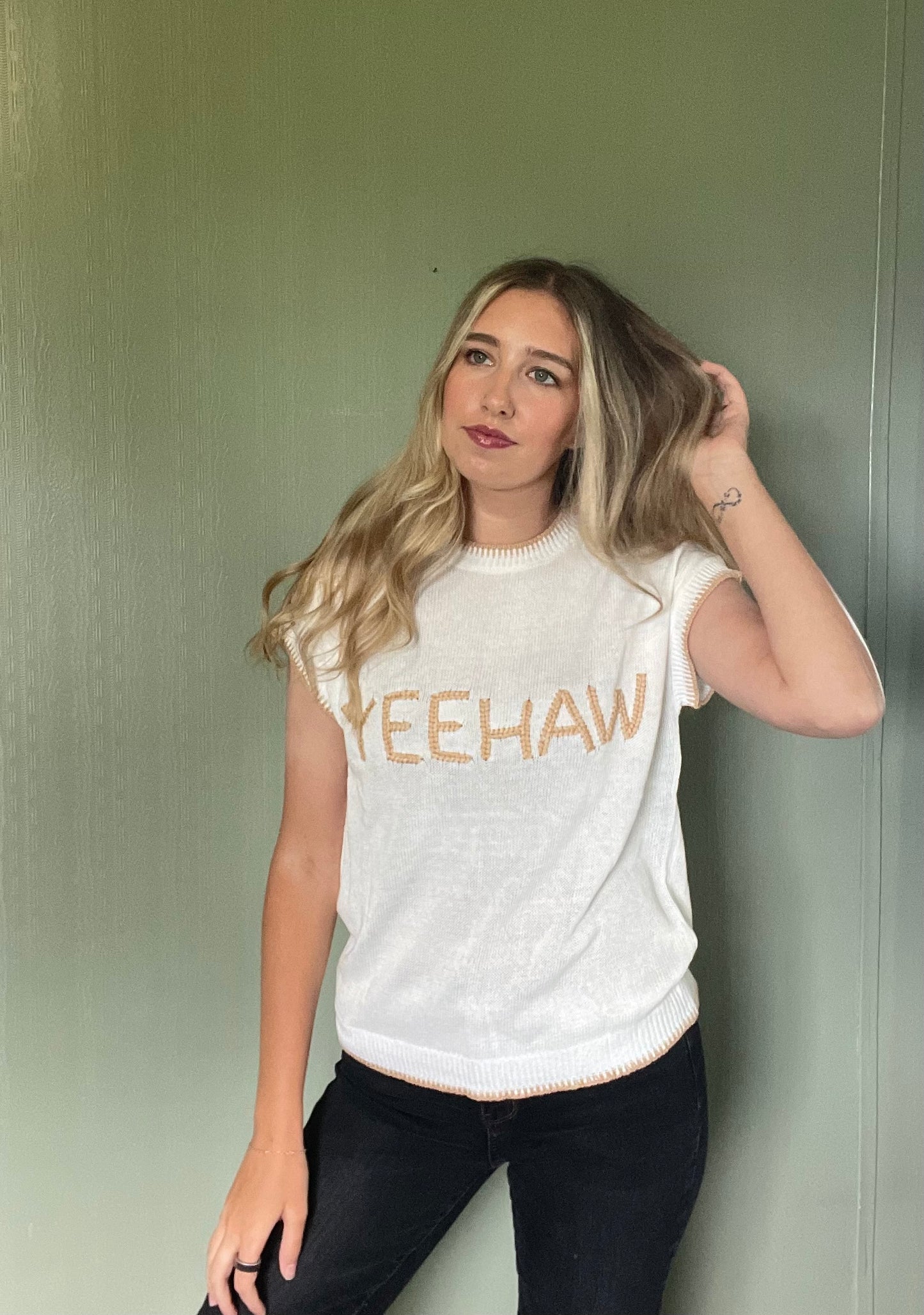 YEEHAW Stitch Edge Crew Neck Knit Top