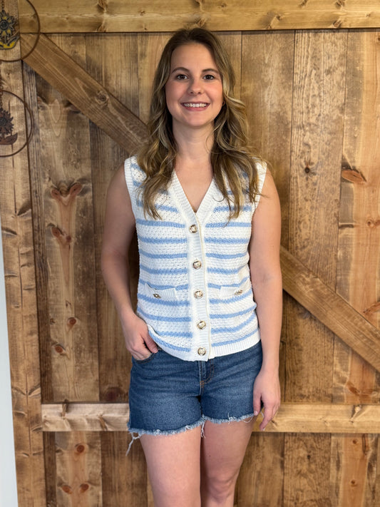 Stripe V Neck Gold Button Sweater Vest | S-XL