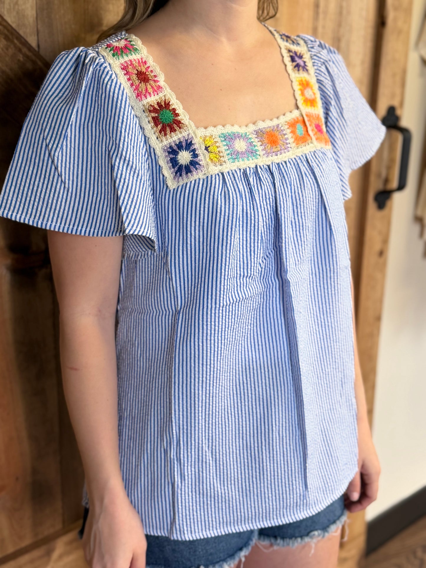 PRETTY BASH Stripe Crochet Neck Texture Ruffle Sleeve Blouse