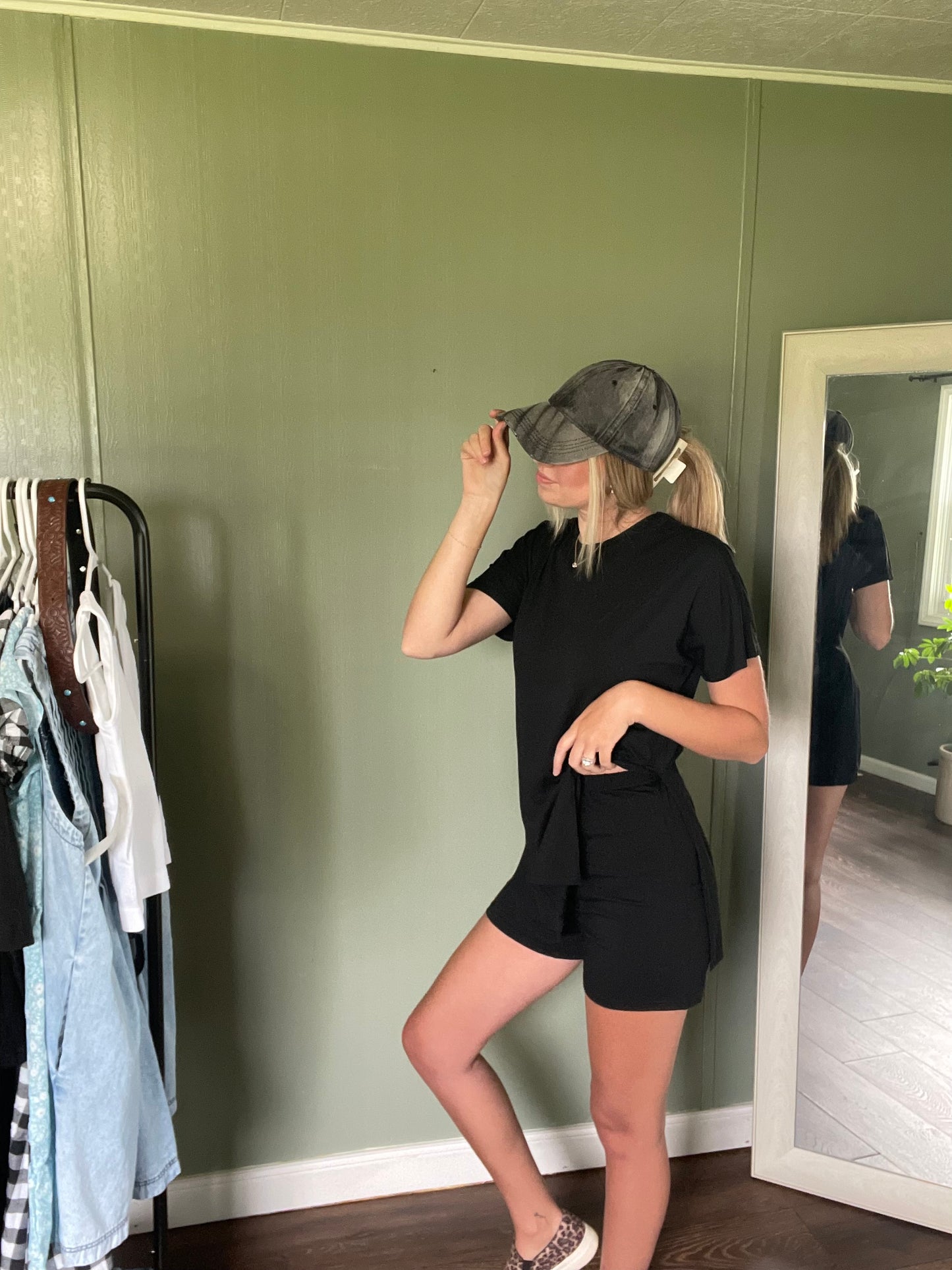 Slit Round Neck Short Sleeve Oversized Top and Shorts Set