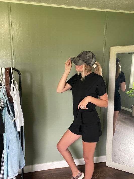 Slit Round Neck Short Sleeve Oversized Top and Shorts Set