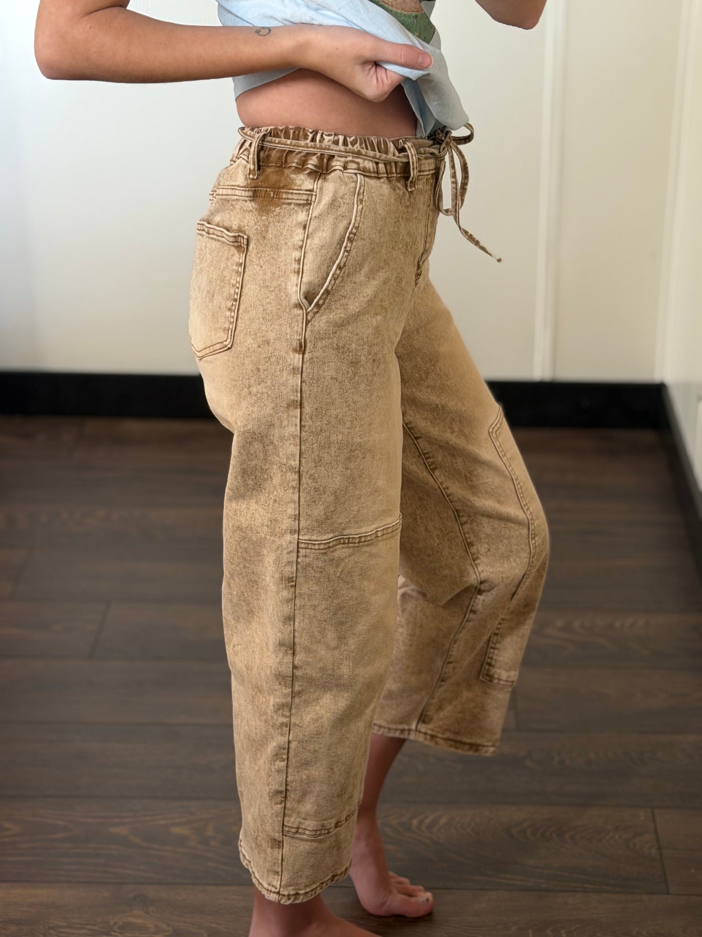 Acid Wash Barrel Fit Denim Pants with Waist String