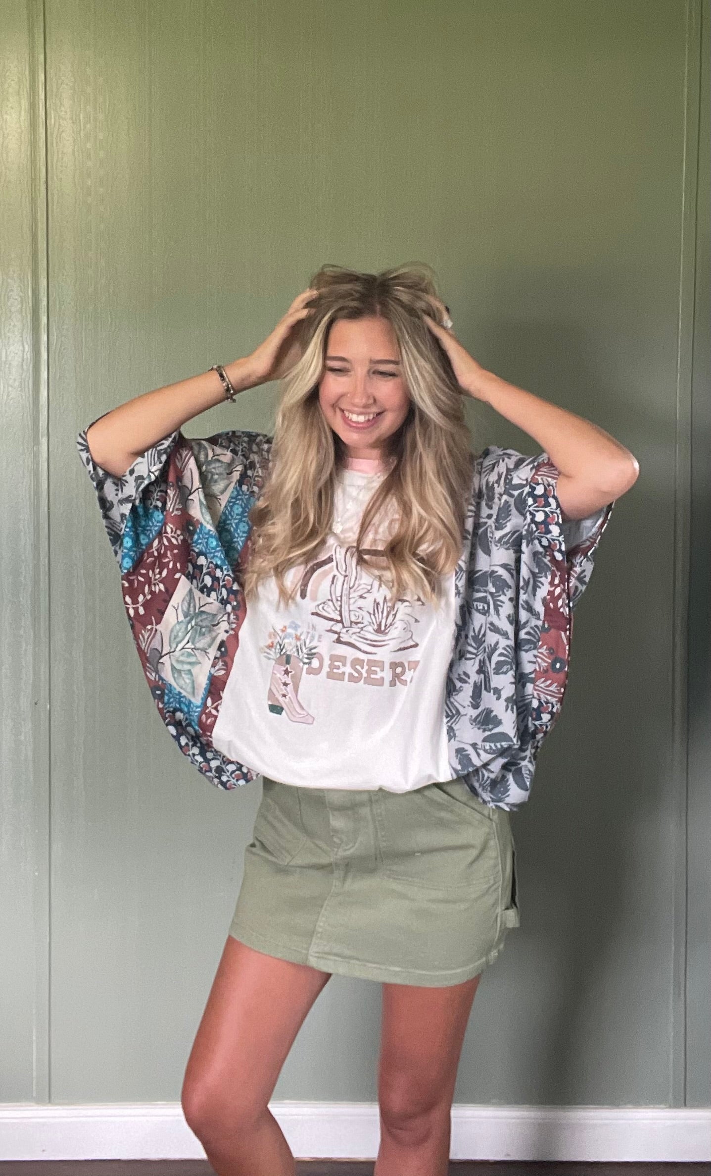 Peace Desert Graphic Asymmetric Printed Patchwork Sleeve Top