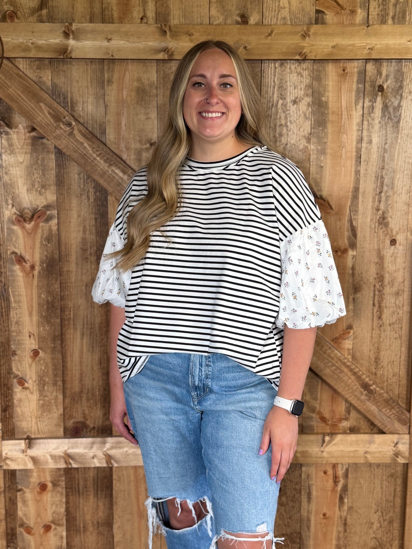 Floral Stripe Patchwork Puff Sleeve Round Neck Top