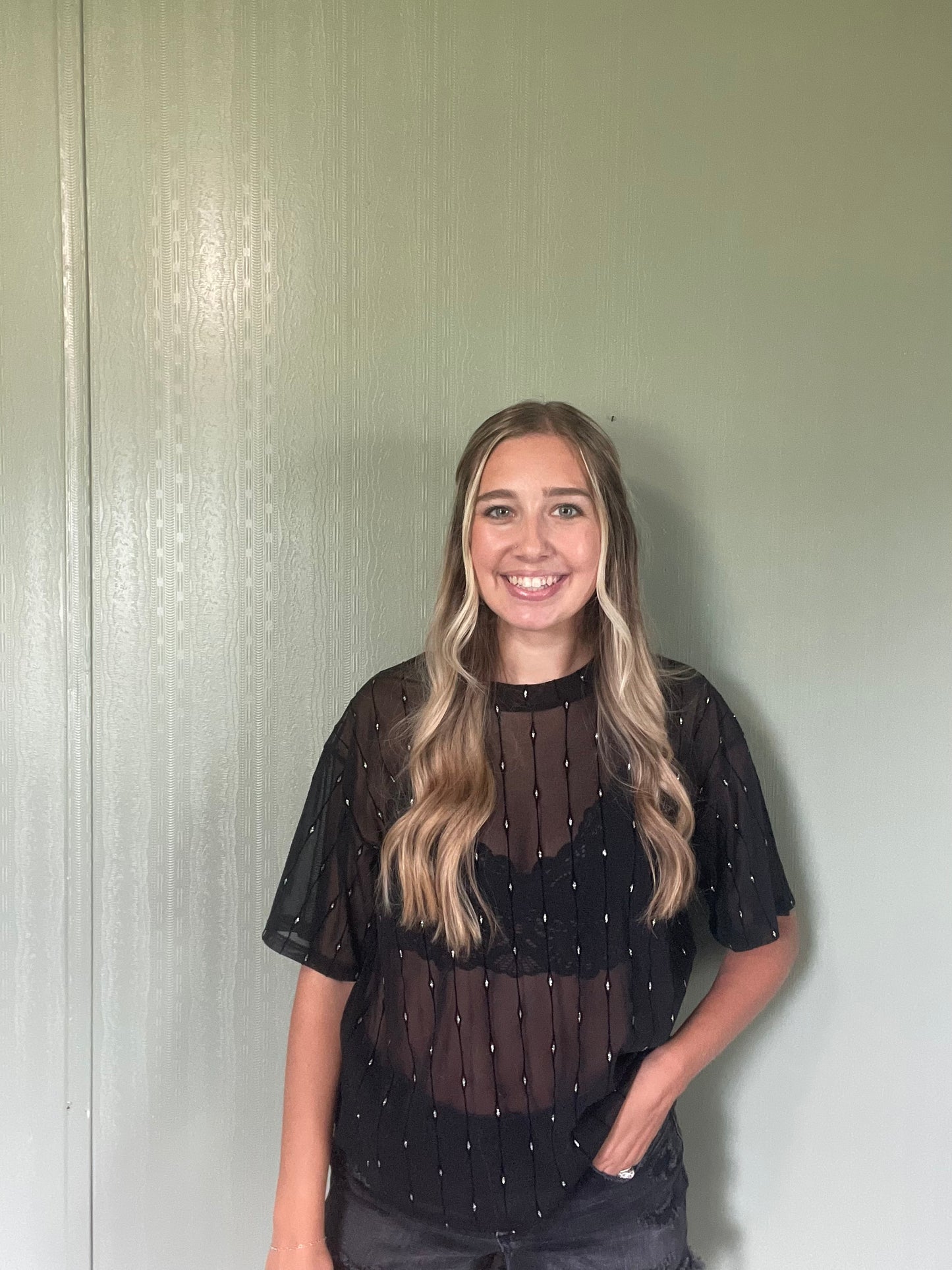 GeeGee Round Neck Drop Shoulder Mesh Glitter Top