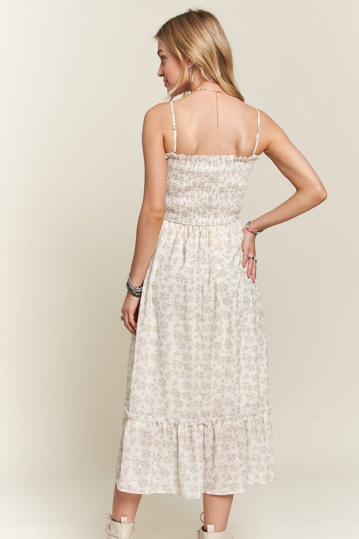 RUFFLE FLORAL MIDI DRESS