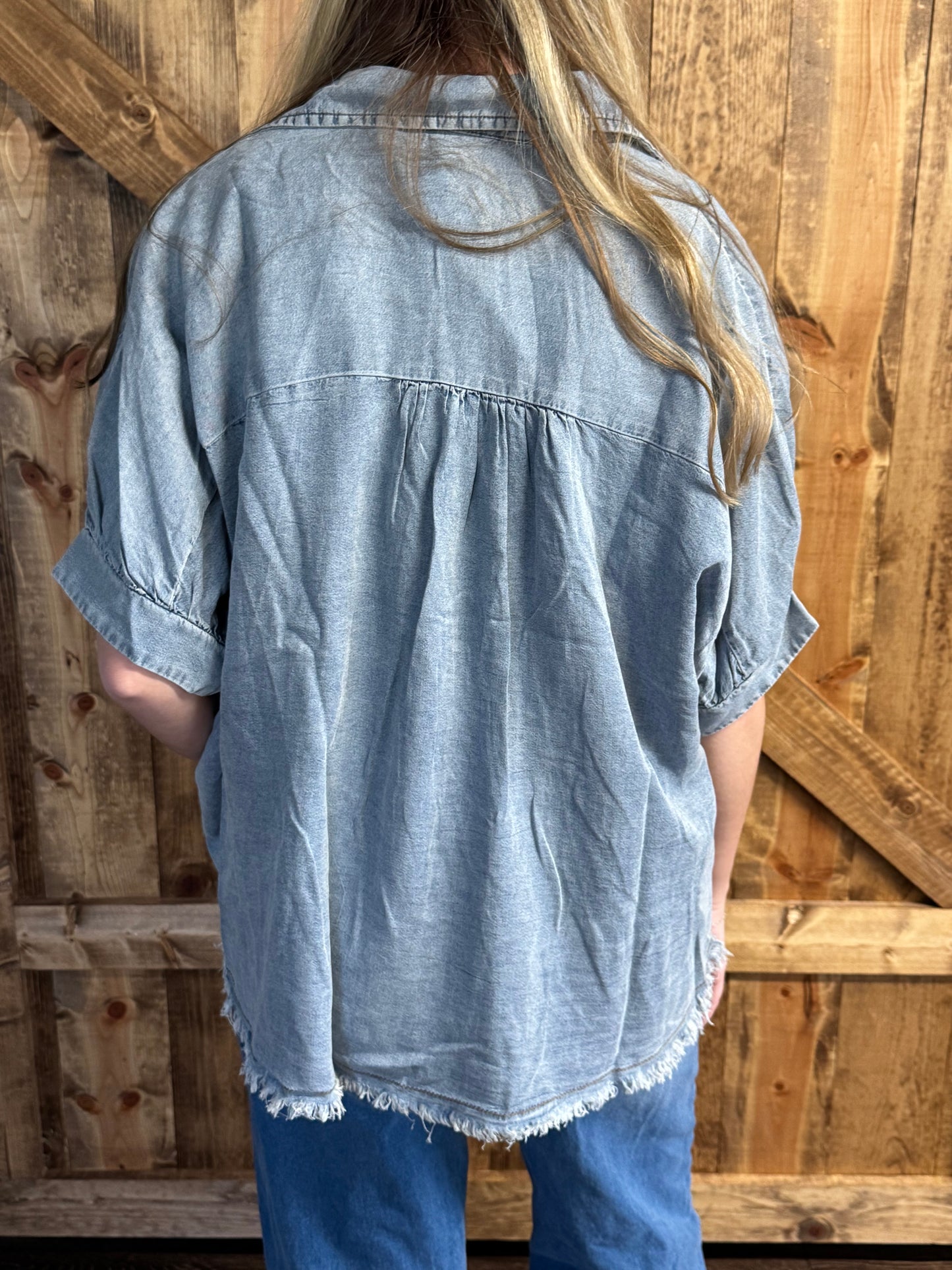 Frayed Trim Denim Button Top