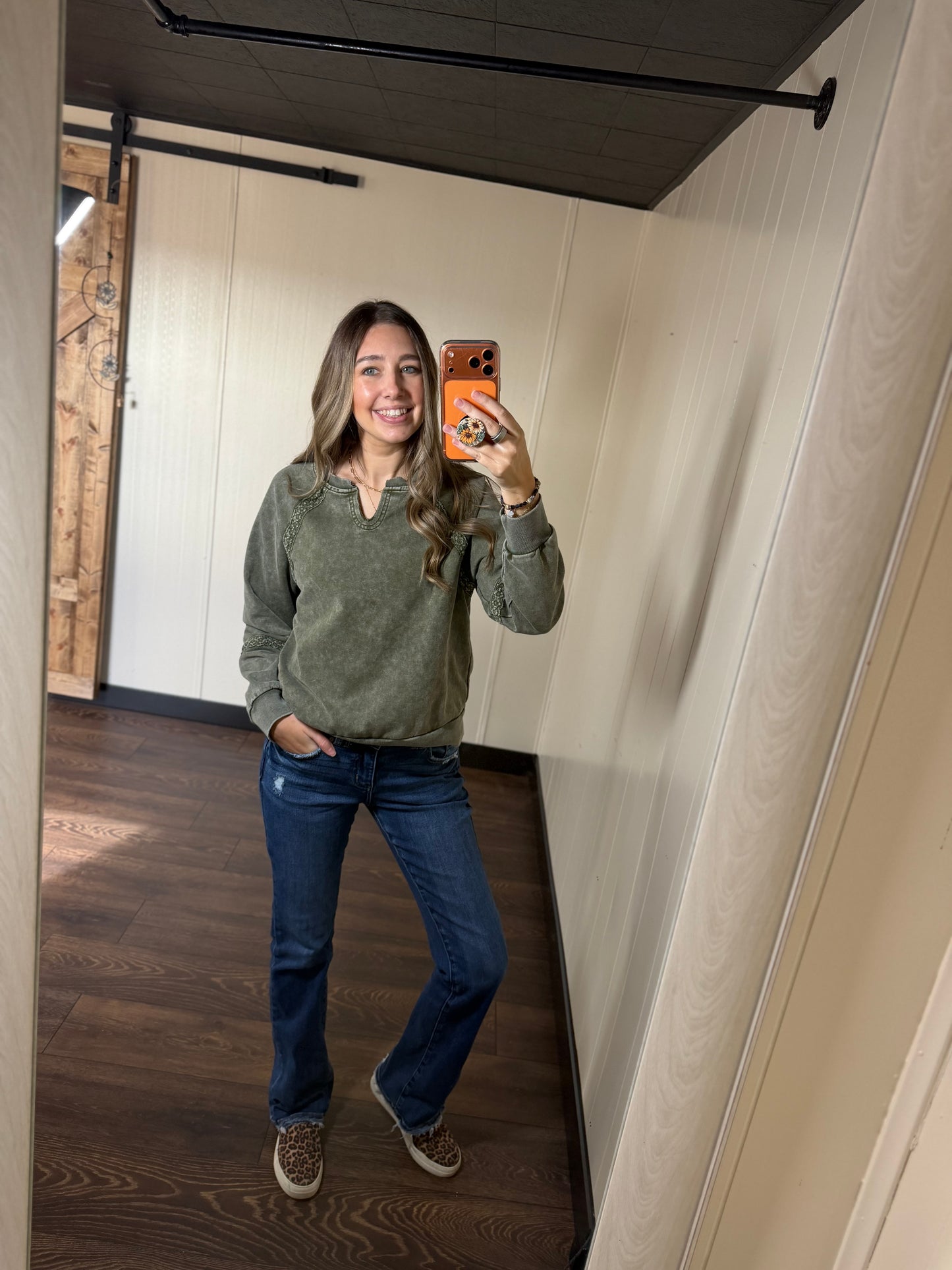 Lace Patchwork Detail Notched Neck Mineral Wash Sweatshirt