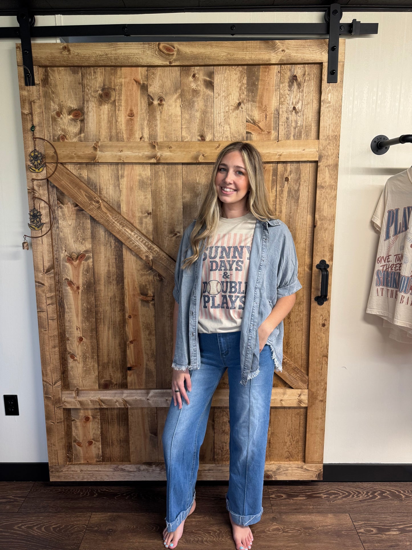Frayed Trim Denim Button Top