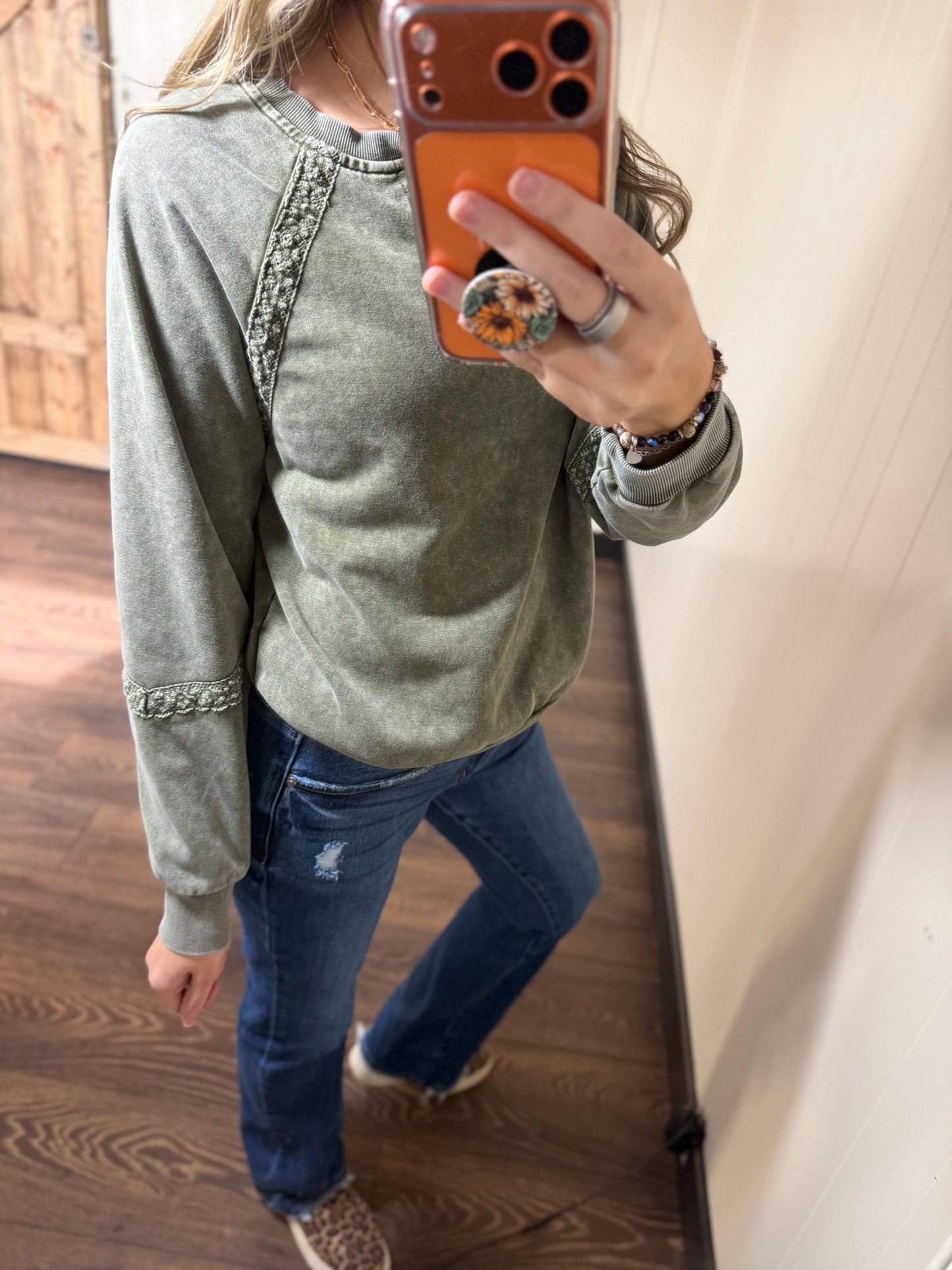 Lace Patchwork Detail Notched Neck Mineral Wash Sweatshirt