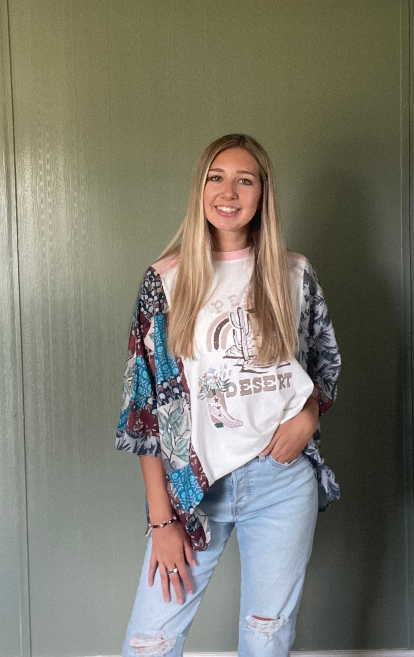 Peace Desert Graphic Asymmetric Printed Patchwork Sleeve Top