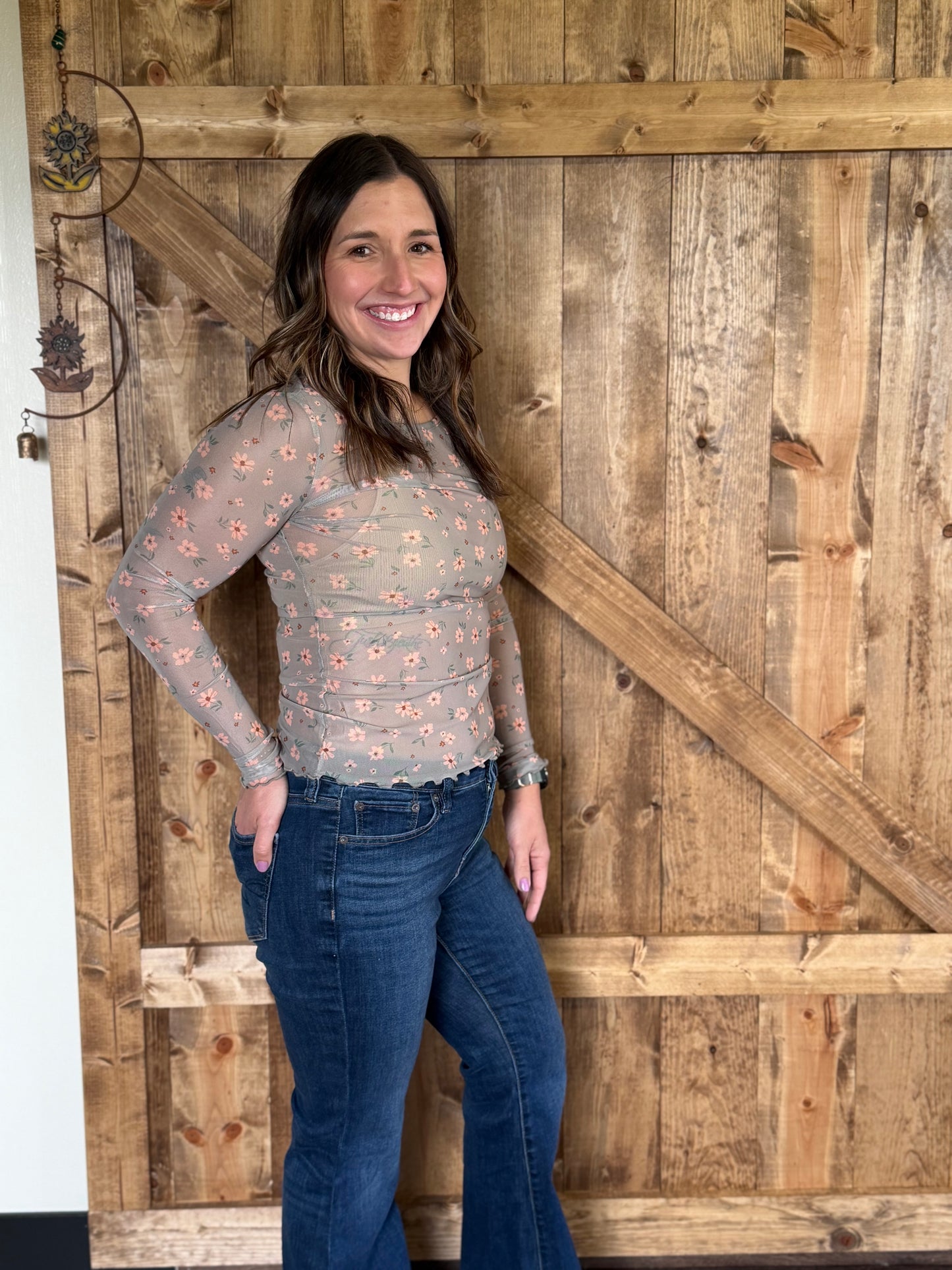 Vintage Floral Print Southern Style Mesh Long Sleeve Top