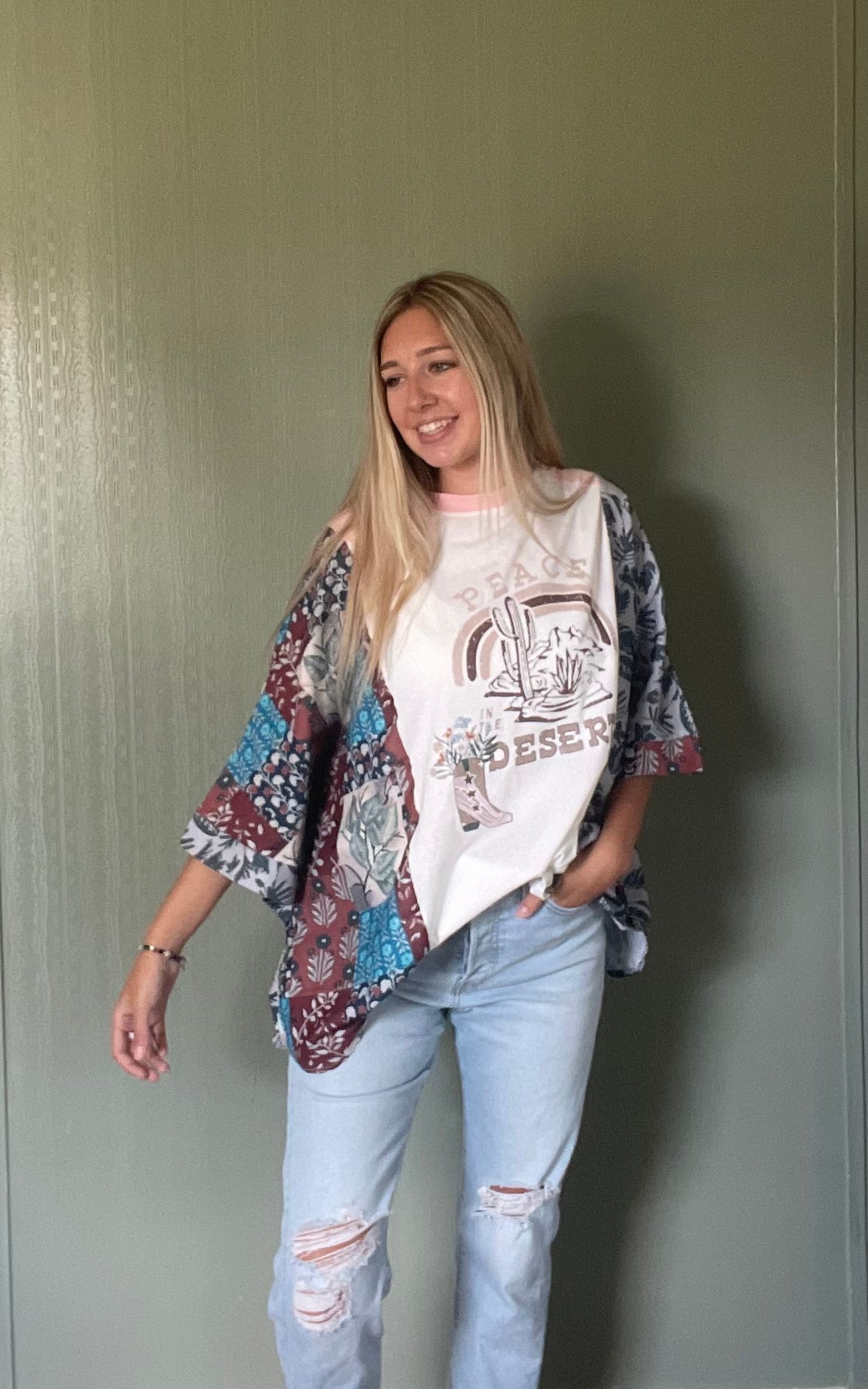 Peace Desert Graphic Asymmetric Printed Patchwork Sleeve Top