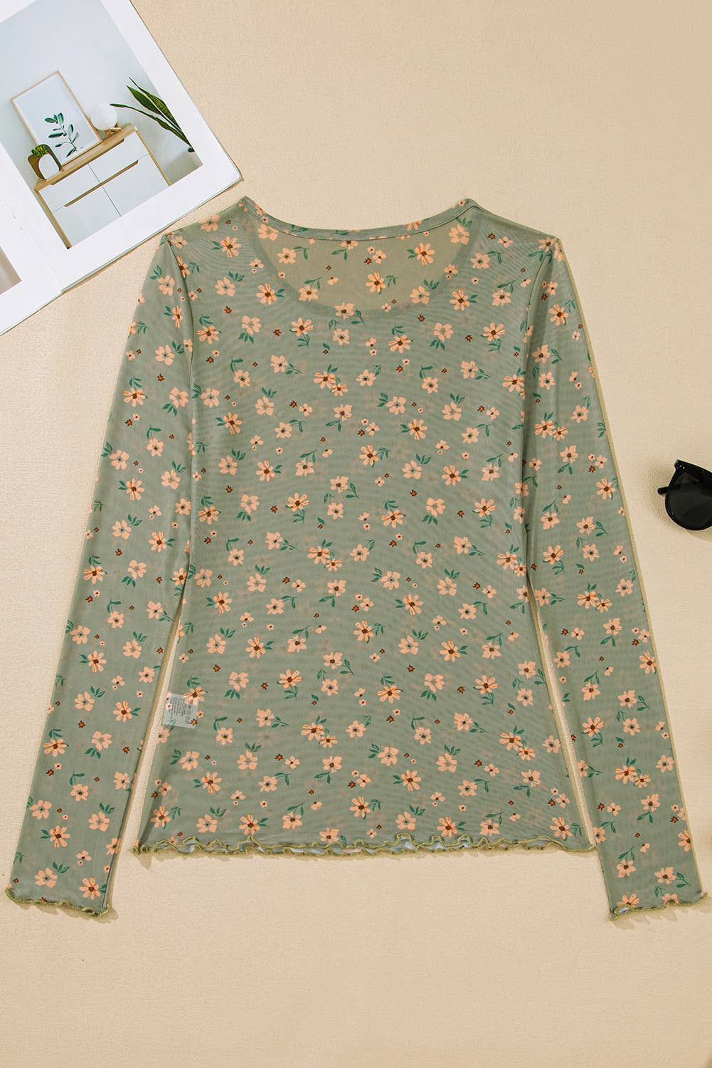 Vintage Floral Print Southern Style Mesh Long Sleeve Top