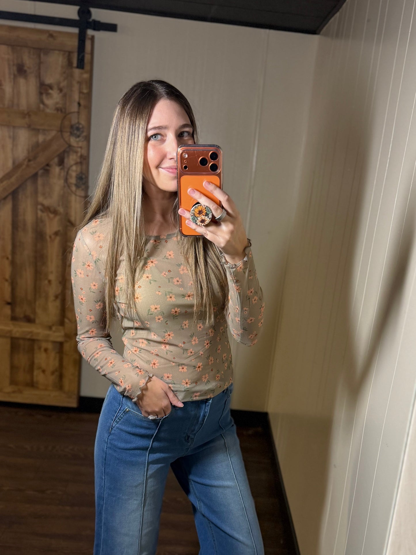 Vintage Floral Print Southern Style Mesh Long Sleeve Top