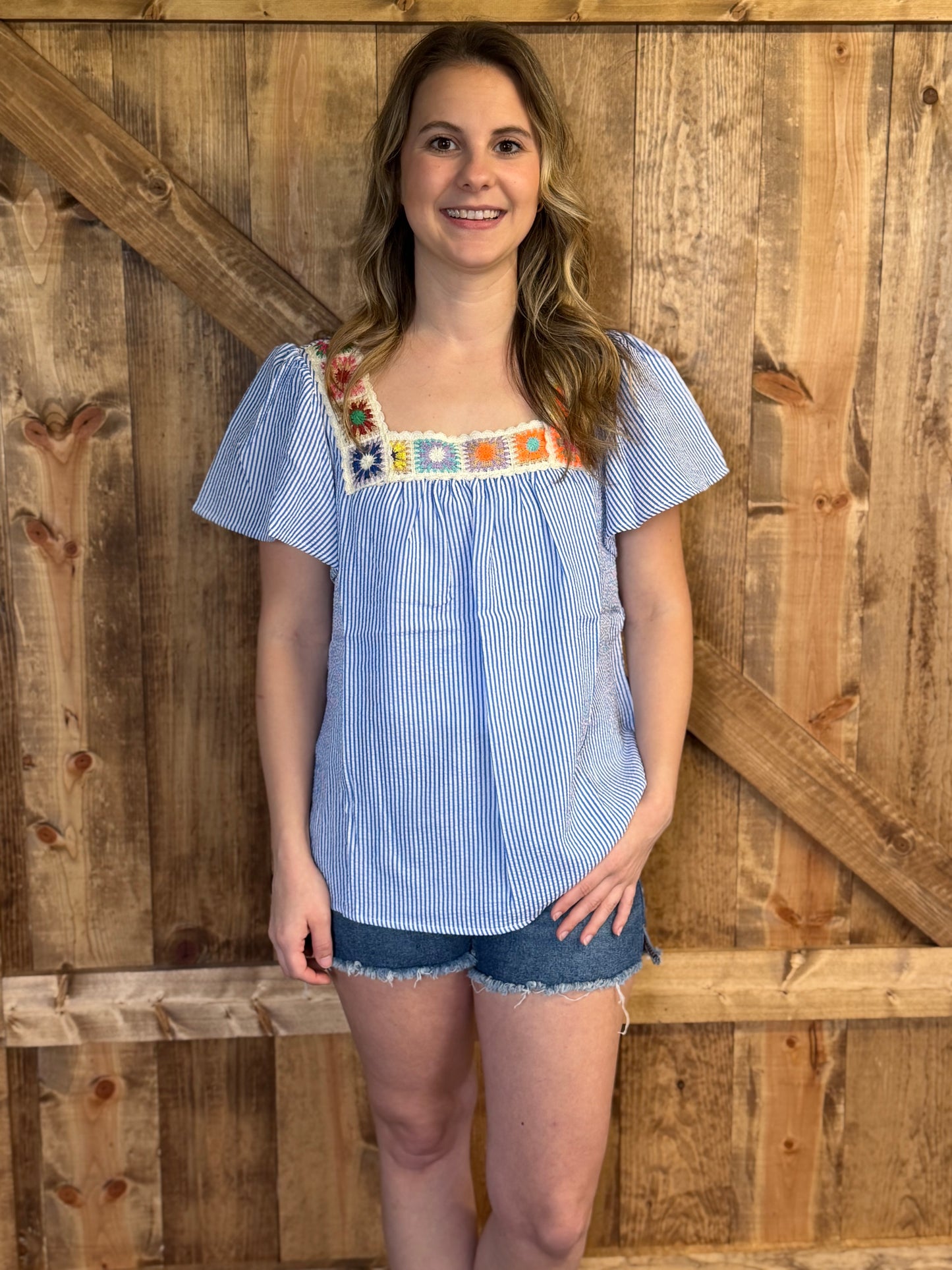 PRETTY BASH Stripe Crochet Neck Texture Ruffle Sleeve Blouse