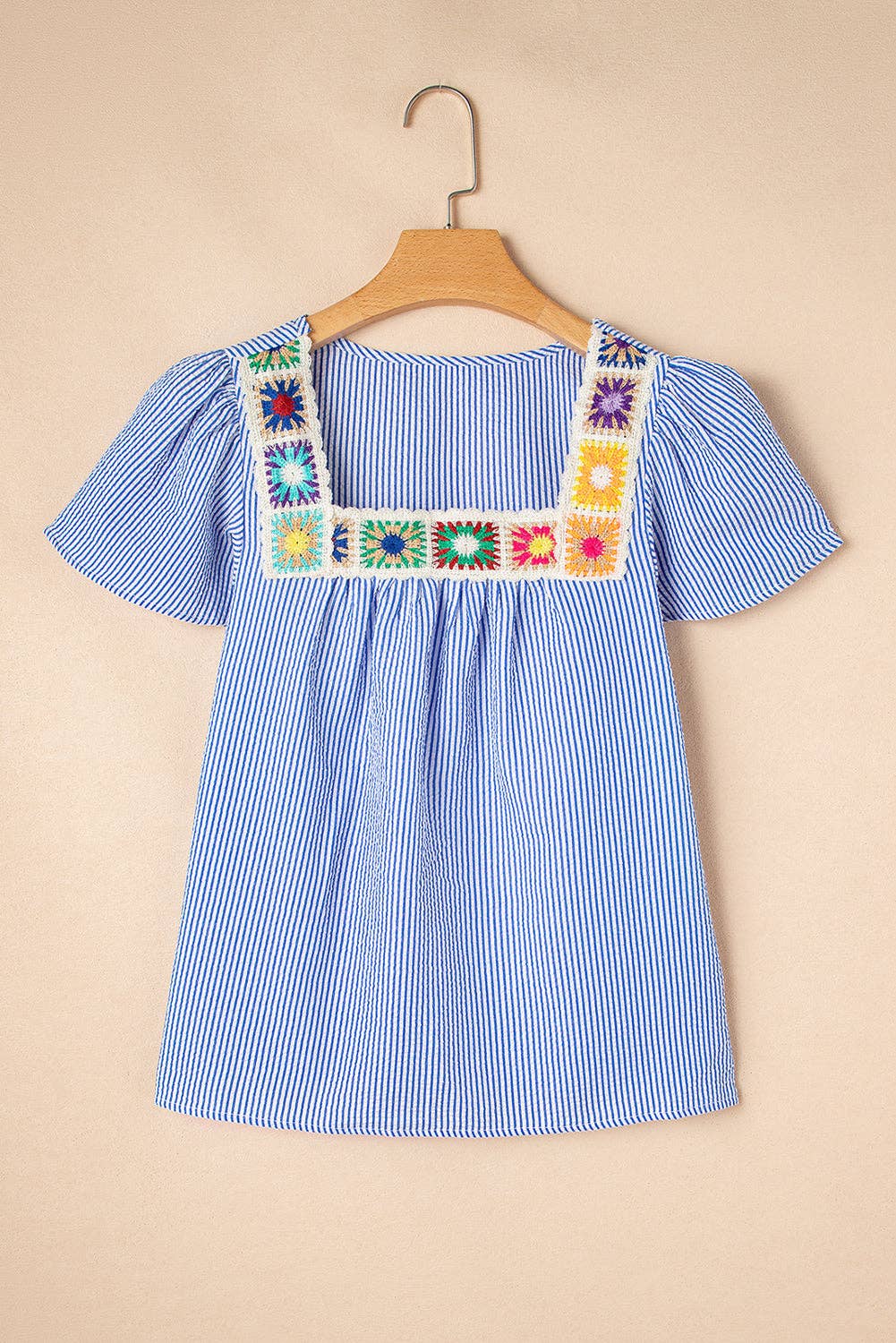 PRETTY BASH Stripe Crochet Neck Texture Ruffle Sleeve Blouse