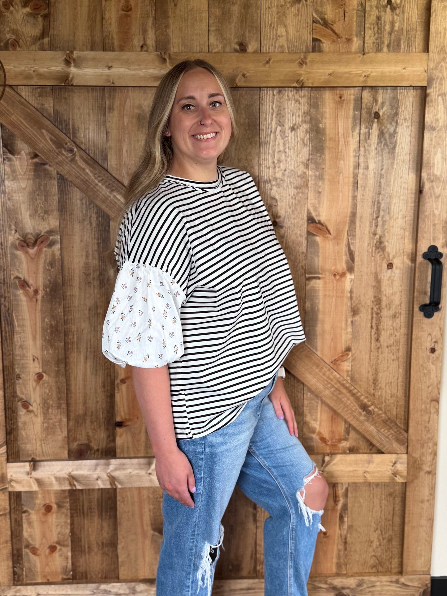 Floral Stripe Patchwork Puff Sleeve Round Neck Top