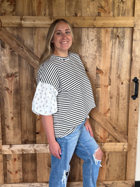 Floral Stripe Patchwork Puff Sleeve Round Neck Top