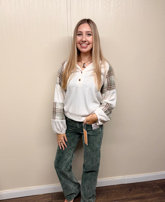 Plaid V-Neck Button Front Sweatshirt