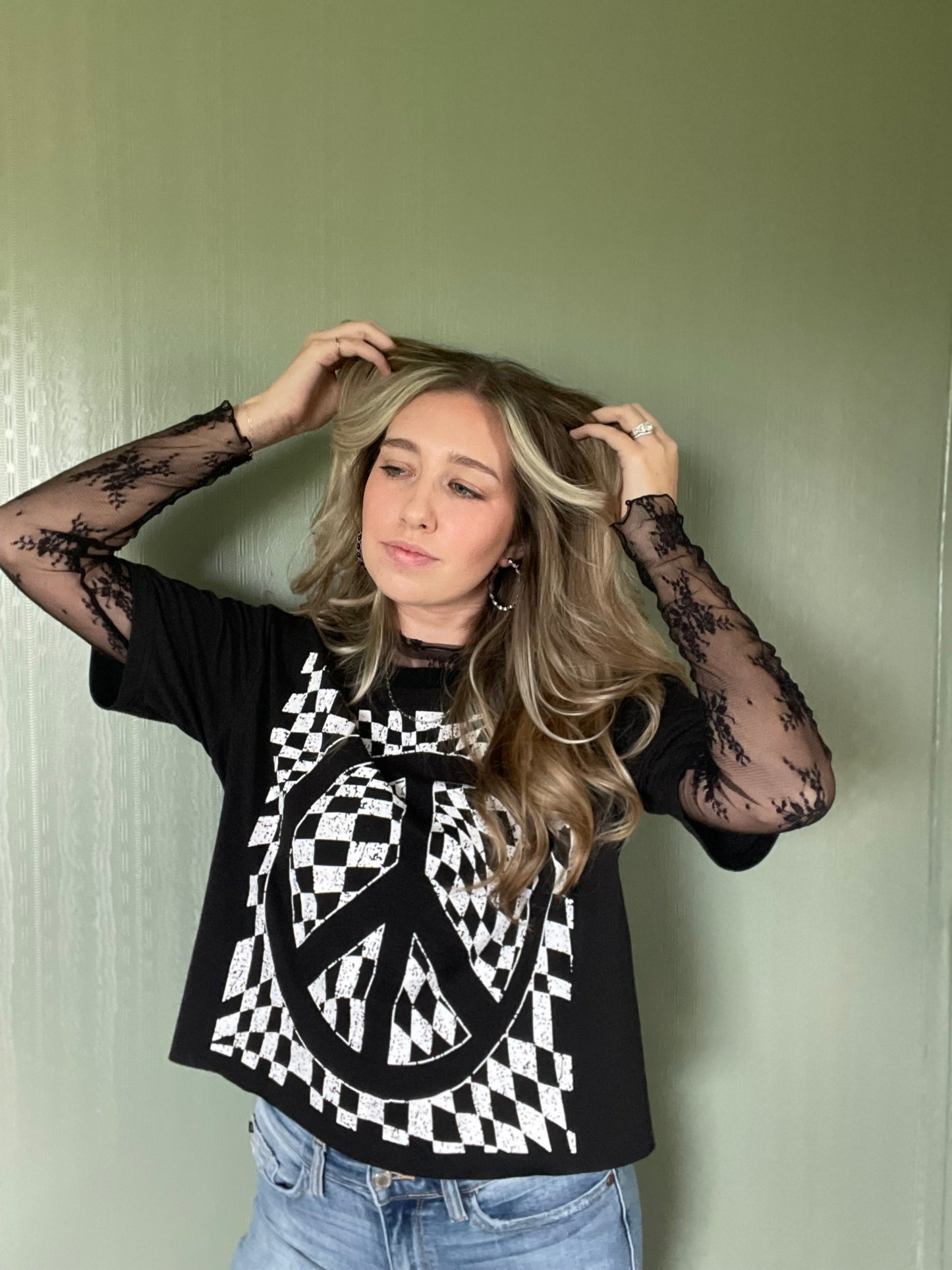 Checkered Peace Sign Round Neck T-Shirt