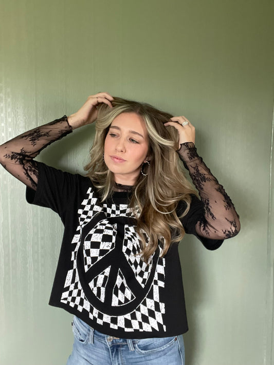 Checkered Peace Sign Round Neck T-Shirt