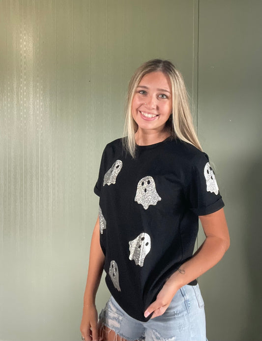 Glitter Ghost Round Neck Short Sleeve T-Shirt